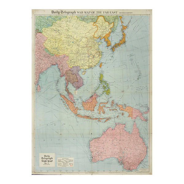 Original folding Second World War map, issued by the Daily Telegraph, depicting the theatre of war in China, Asia and the Pacific (including Australia), c. 1940/41. The map shows strategic roads, railways and canals, steamer routes, oilfields and pipe lines, and naval bases held by the combatants.