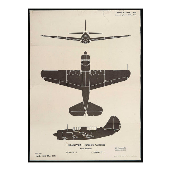 An original Second World War Aircraft Identification (silhouette) Drawing of a Helldiver I (Double Cyclone) Dive Bomber. This is the larger sized ‘poster’ version 1944