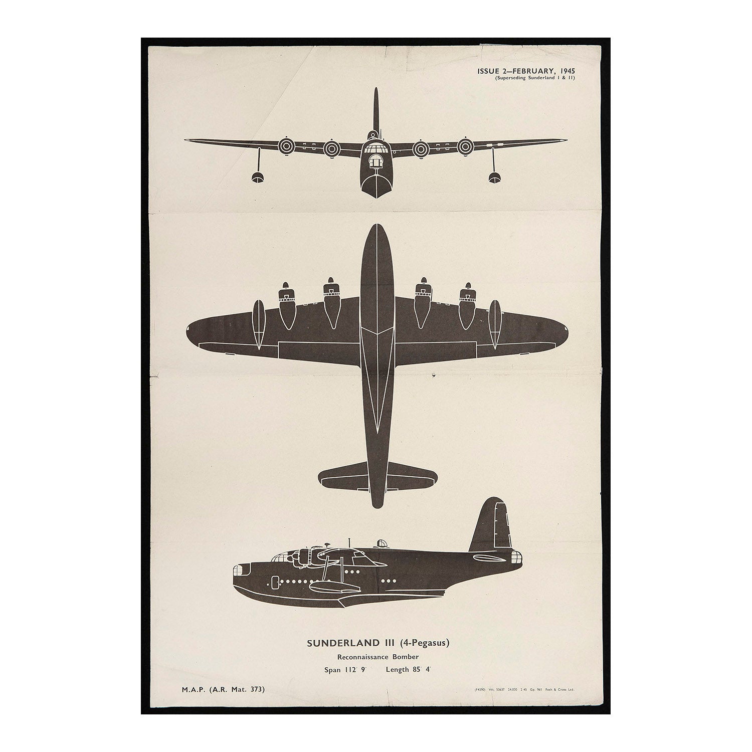 An original Second World War Aircraft Identification (silhouette) Drawing of a Sunderland III (4-Pegasus) Reconnaissance Bomber. 