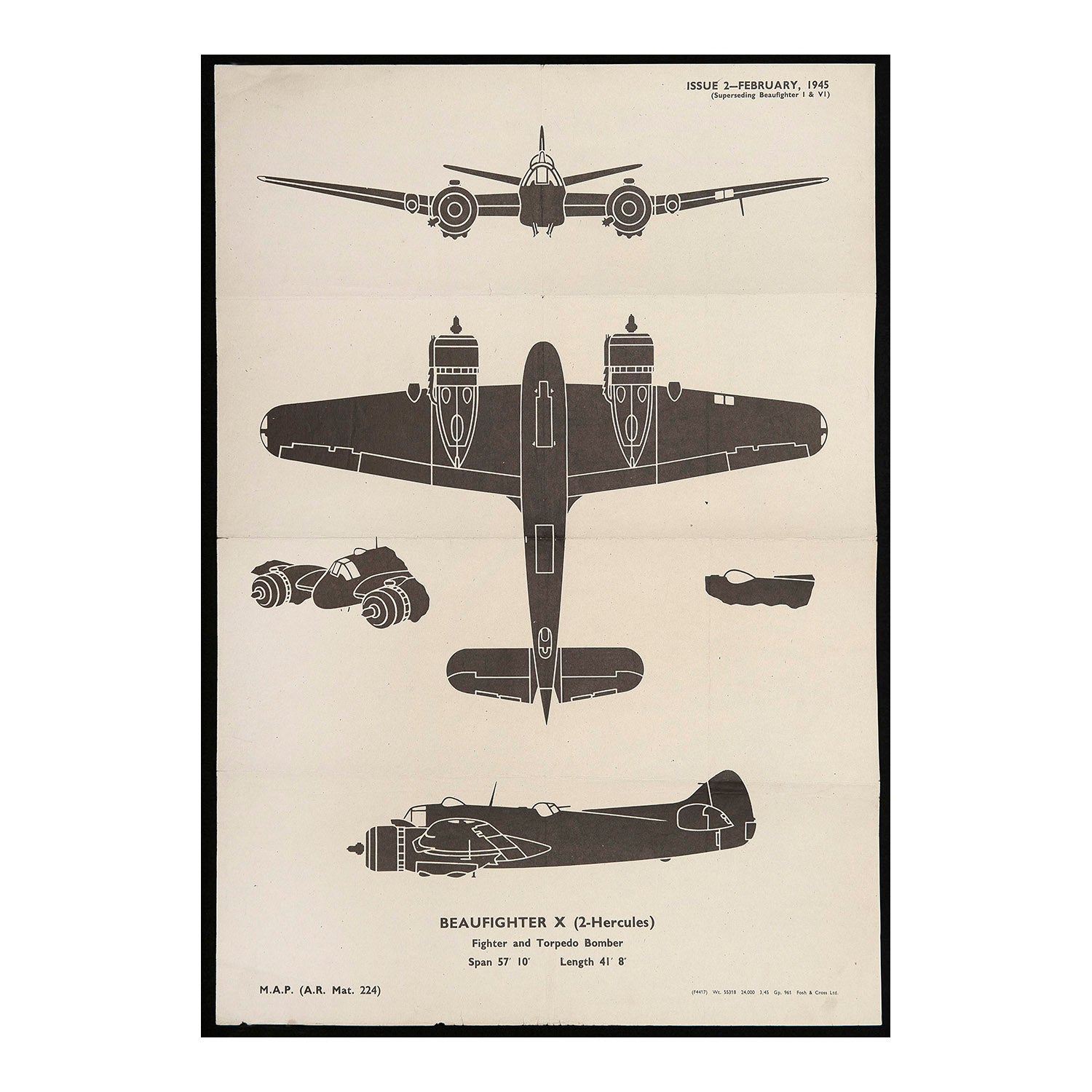 An original Second World War Aircraft Identification (silhouette) Drawing of a Beaufighter X (2-Hercules) Fighter and Torpedo Bomber.
