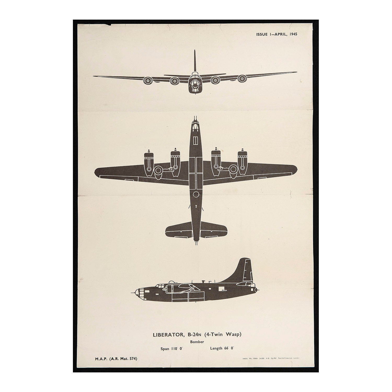 An original Second World War Aircraft Identification (silhouette) Drawing of a Liberator B-24n (4-Twin Wasp) Bomber.