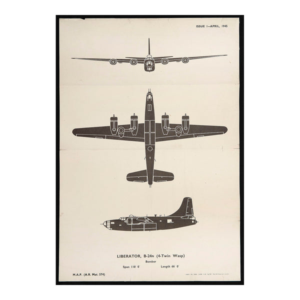 An original Second World War Aircraft Identification (silhouette) Drawing of a Liberator B-24n (4-Twin Wasp) Bomber.
