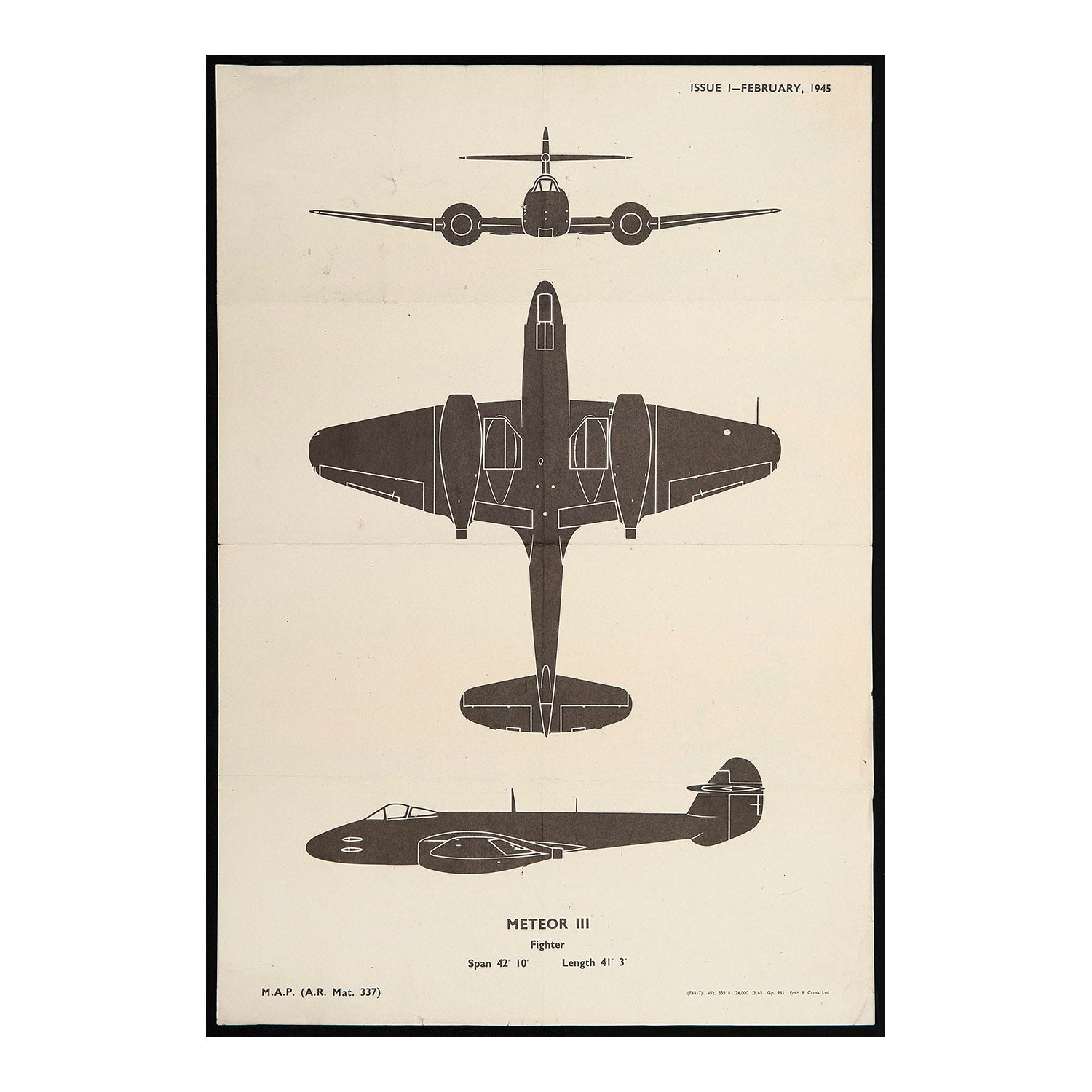 An original Second World War Aircraft Identification (silhouette) Drawing of a Meteor III Fighter. This is the larger sized ‘poster’ version