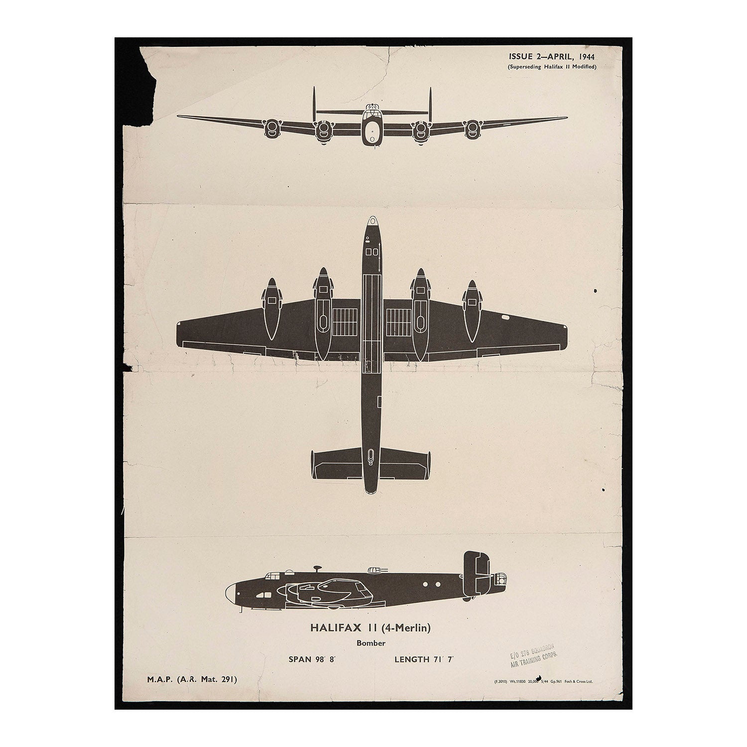 An original Second World War Aircraft Identification (silhouette) Drawing of a Halifax II (4-Merlin) Bomber