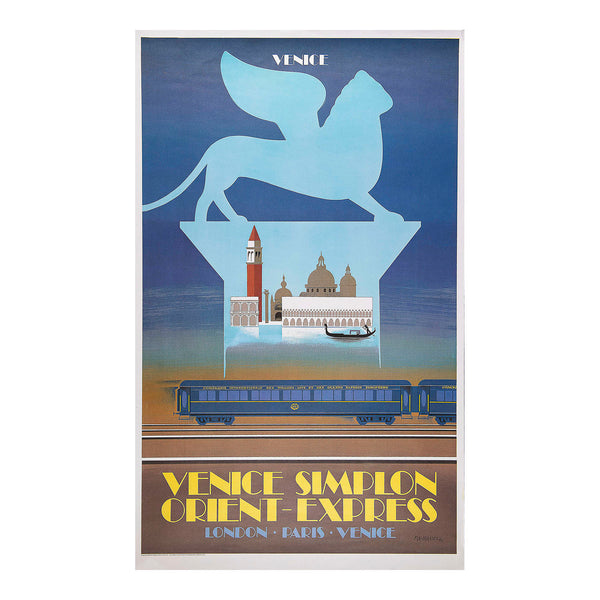 An original Art Deco inspired travel poster, Venice, designed by Pierre Fix-Masseau (1905-1994) for the re-launch of the Venice Simplon Orient Express in 1982