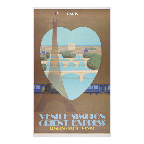 An original Art Deco inspired travel poster, Paris, designed by Pierre Fix-Masseau (1905-1994) for the re-launch of the Venice Simplon Orient Express in 1982.