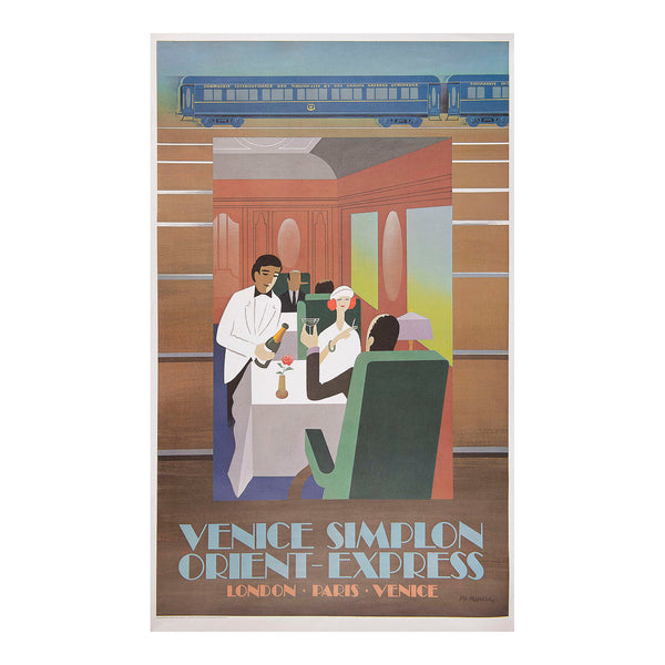 An original Art Deco inspired travel poster, Dining Car, designed by Pierre Fix-Masseau (1905-1994) for the re-launch of the Venice Simplon Orient Express in 1982