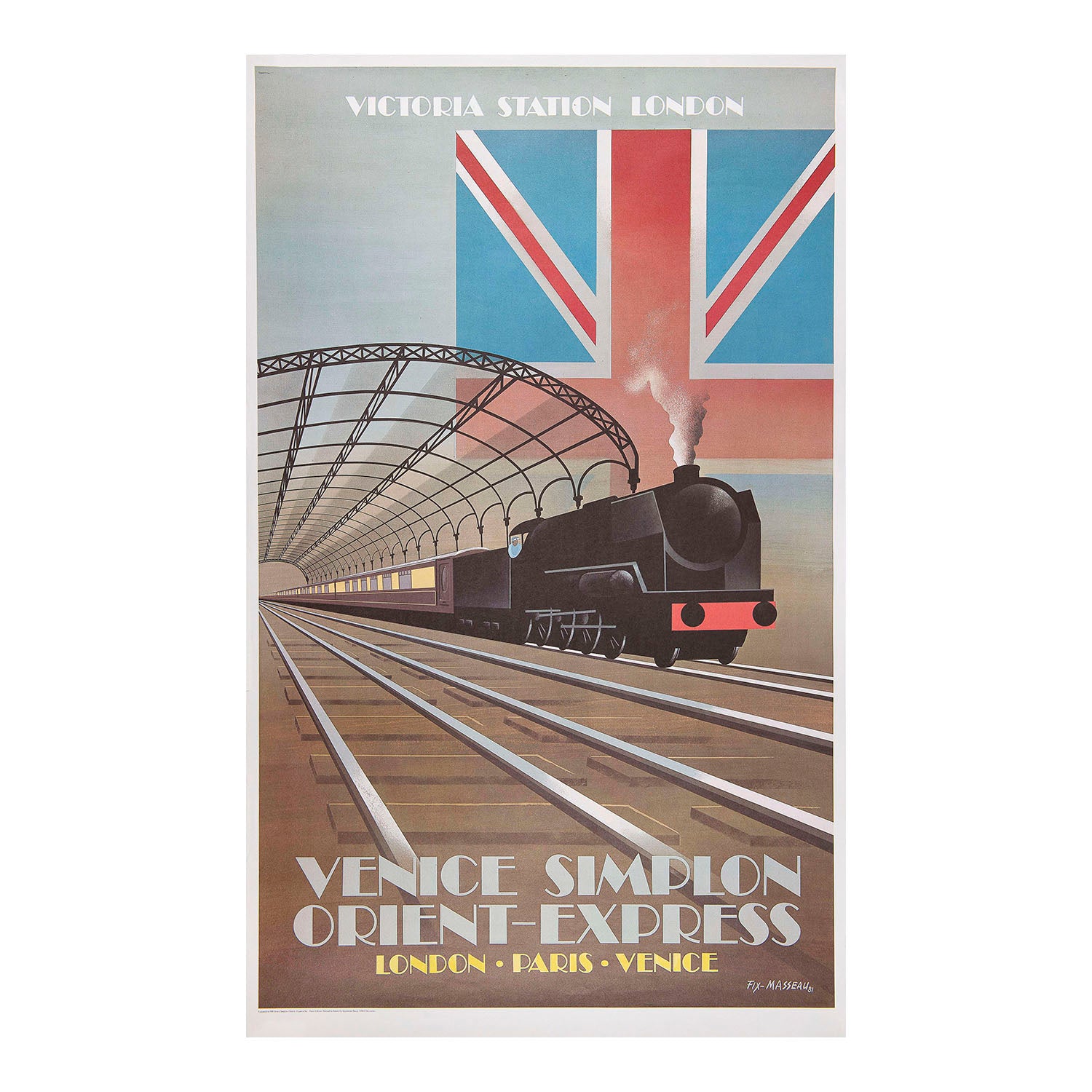 An original Art Deco inspired travel poster, Victoria Station, designed by Pierre Fix-Masseau (1905-1994) for the re-launch of the Venice Simplon Orient Express in 1982.