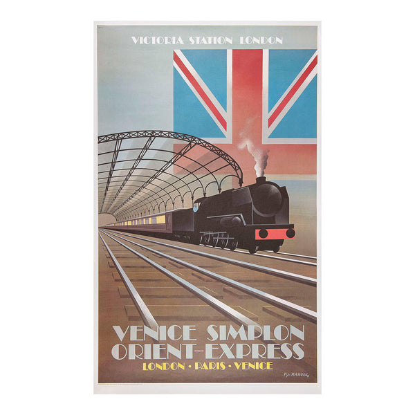An original Art Deco inspired travel poster, Victoria Station, designed by Pierre Fix-Masseau (1905-1994) for the re-launch of the Venice Simplon Orient Express in 1982.