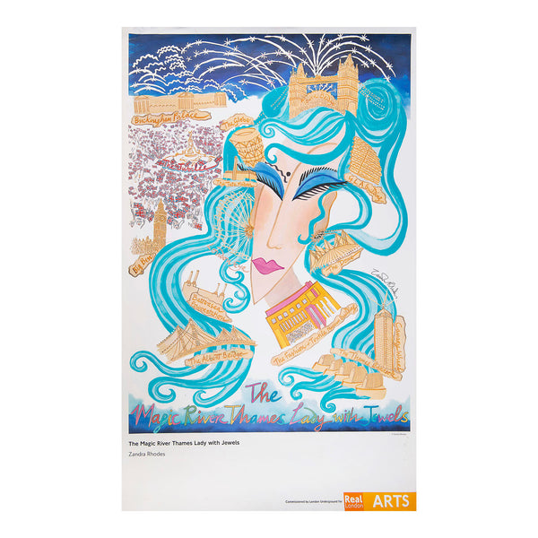 London Underground poster, The Magic River Thames Lady With Jewels, designed by Zandra Rhodes and published by Real London Arts/London Underground in 2002. The extraordinary, and highly original design, features the River Thames as the flowing blue locks of a female figure ‘crowned’ with a golden Tower Bridge and bejewelled with representations of London landmarks.