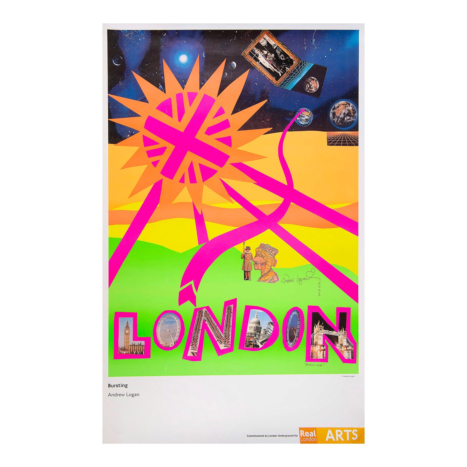 Original London Underground poster, London “Bursting”, designed by Andrew Logan and published by Real London Arts/London Underground in 2002. An especially vibrant design, typical of Logan’s work as a sculptor, performance artist, jewellery-maker and portraitist.