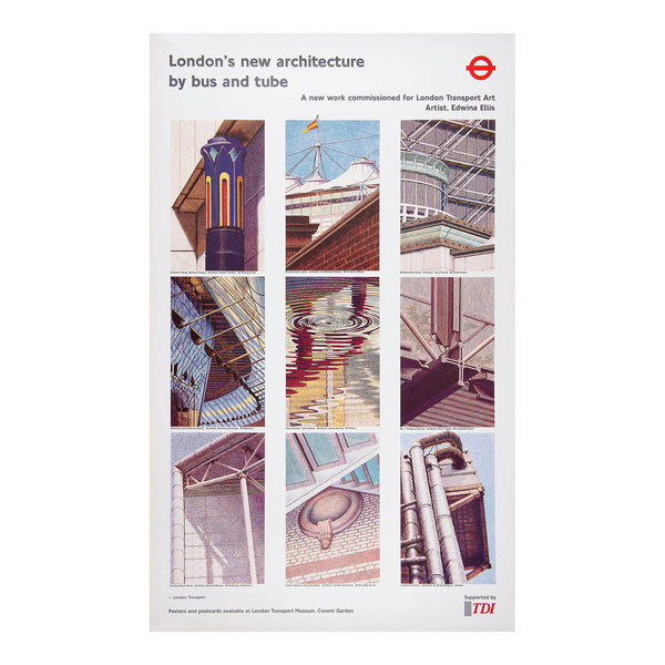 Original travel poster, London's new architecture by bus and Tube, designed by Edwina Ellis, published by London Transport in 1996. The design comprises nine wood engravings by the Australian-born artist Edwina Ellis, celebrating the diversity of modern architecture in London and encouraging Londoners and tourists alike to visit the sites by bus and Underground. Each architectural detail is labelled with the building, architect and nearest Underground station