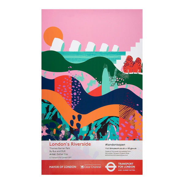 Original London travel poster, London’s Riverside, designed by Esther Cox and published by Transport for London (TfL), 2017. The design features an abstract representation of the Thames Barrier Park, with the Thames Barrier in the background.