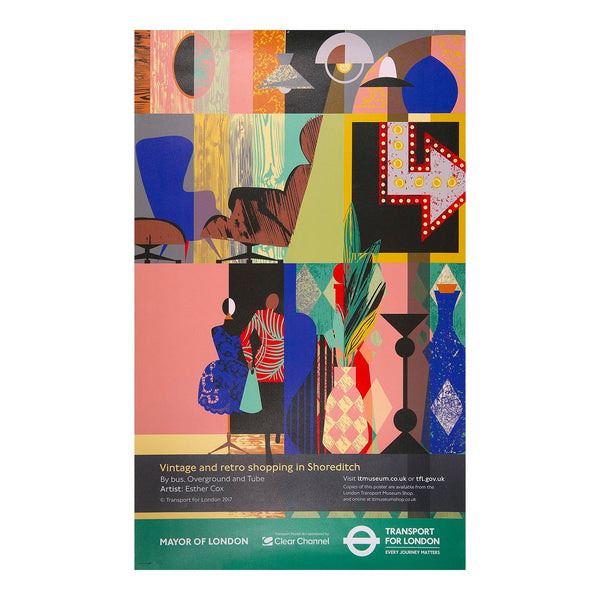 Original London travel poster, Vintage and Retro Shopping in Shoreditch, designed by Esther Cox and published by Transport for London (TfL), 2017. The design features an abstract collage of vintage light fittings, furniture, vases and clothing, with a figure in the foreground entering a Shoreditch shop