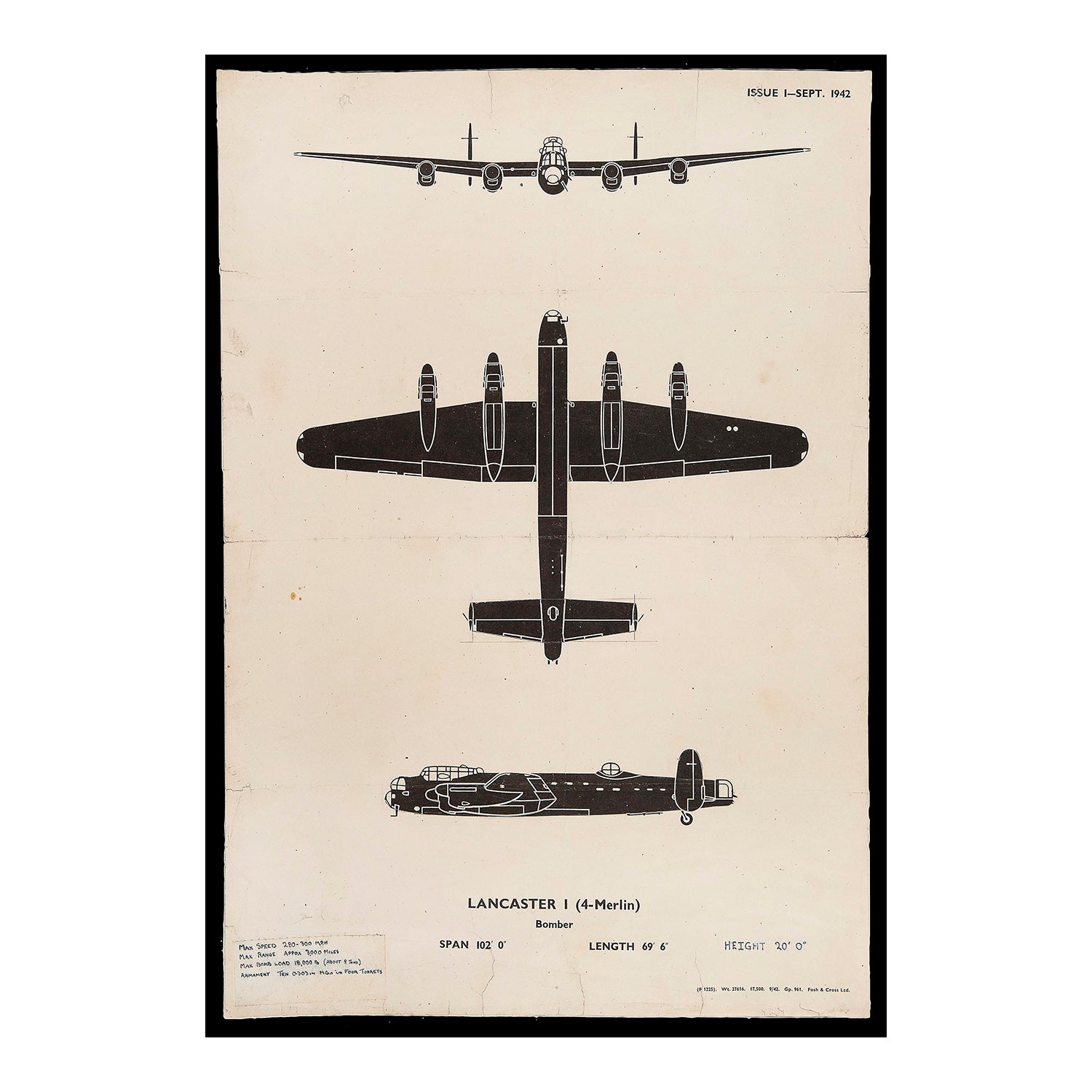 An original Second World War Aircraft Identification (silhouette) Drawing of a Lancaster 1 (4-Merlin) Bomber. This is the larger sized ‘poster’ version, used in training sessions to familiarise military personnel with silhouettes of Allied and Axis aircraft. Published by the Ministry of Aircraft Production in 1942