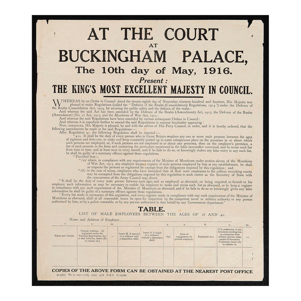 An original First World War notice regarding changes to the Defence of the Realm Act 1914, published on 10 May 1916. The changes obliged employees to display a list of all male employees ‘between ages 18 and 41’