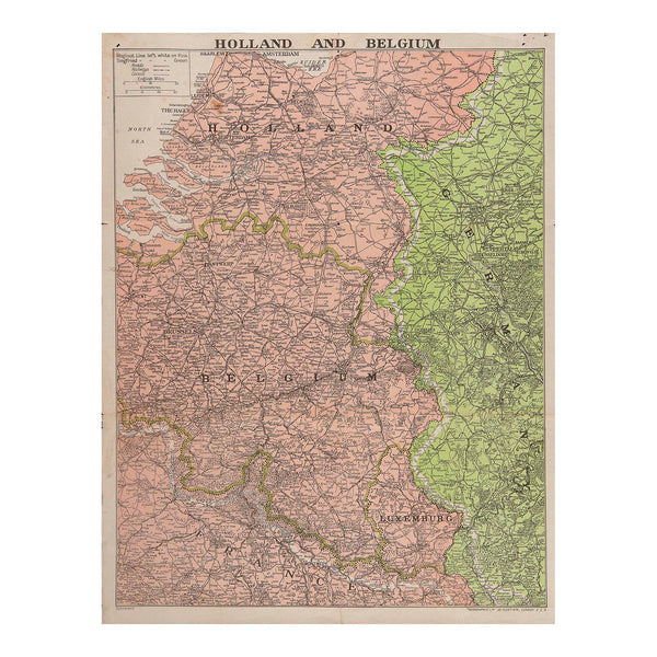 Original folding Second World War map, Holland and Belgium, c. 1939/40. The map shows&nbsp; Holland, Belgium and Luxemburg in their entirety, with bordering parts of northern France and western Germany depicting the strategic Maginot and Siegfried defensive lines