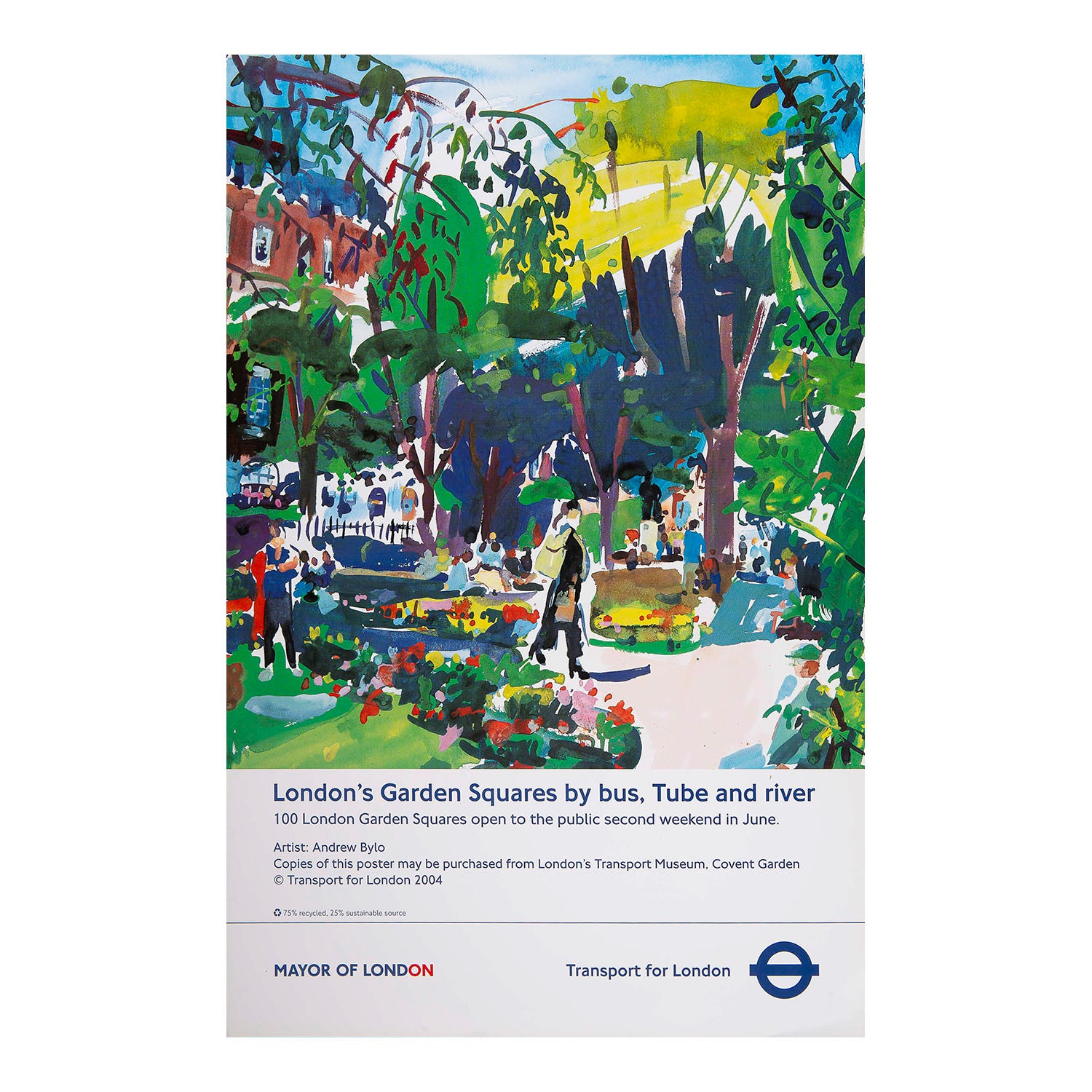 Original travel poster, London's Garden Squares by bus, Tube and river, painted by the artist and illustrator Andrew Bylo, published by Transport for London in 2004.