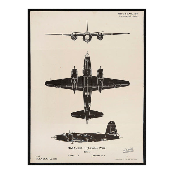 An original Second World War Aircraft Identification (silhouette) Drawing of a Marauder II (4-Double Wasp) Bomber. This is the larger sized ‘poster’ version