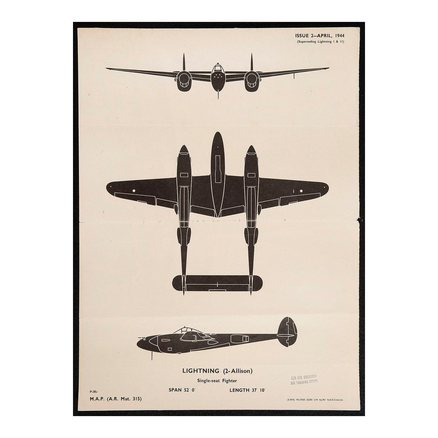 An original Second World War Aircraft Identification (silhouette) Drawing of a Lightning (2-Allison) single seat Fighter