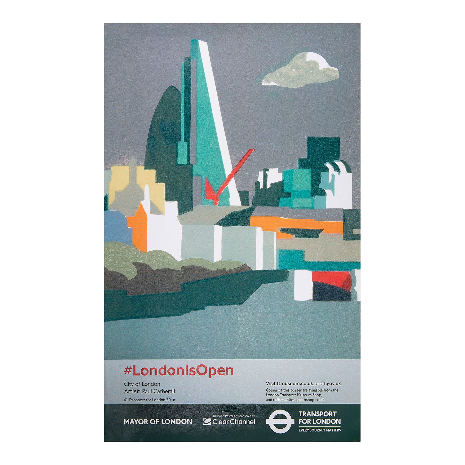Original travel poster, #LondonIsOpen, designed by the outstanding London printmaker and illustrator Paul Catherall. Published by Transport for London, 2016. The design, based on a linocut designed by Catherall, depicts prominent City landmarks, including the ‘Gherkin’ (30 St Mary Axe) and the ‘Cheesegrater’ (122 Leadenhall Street).