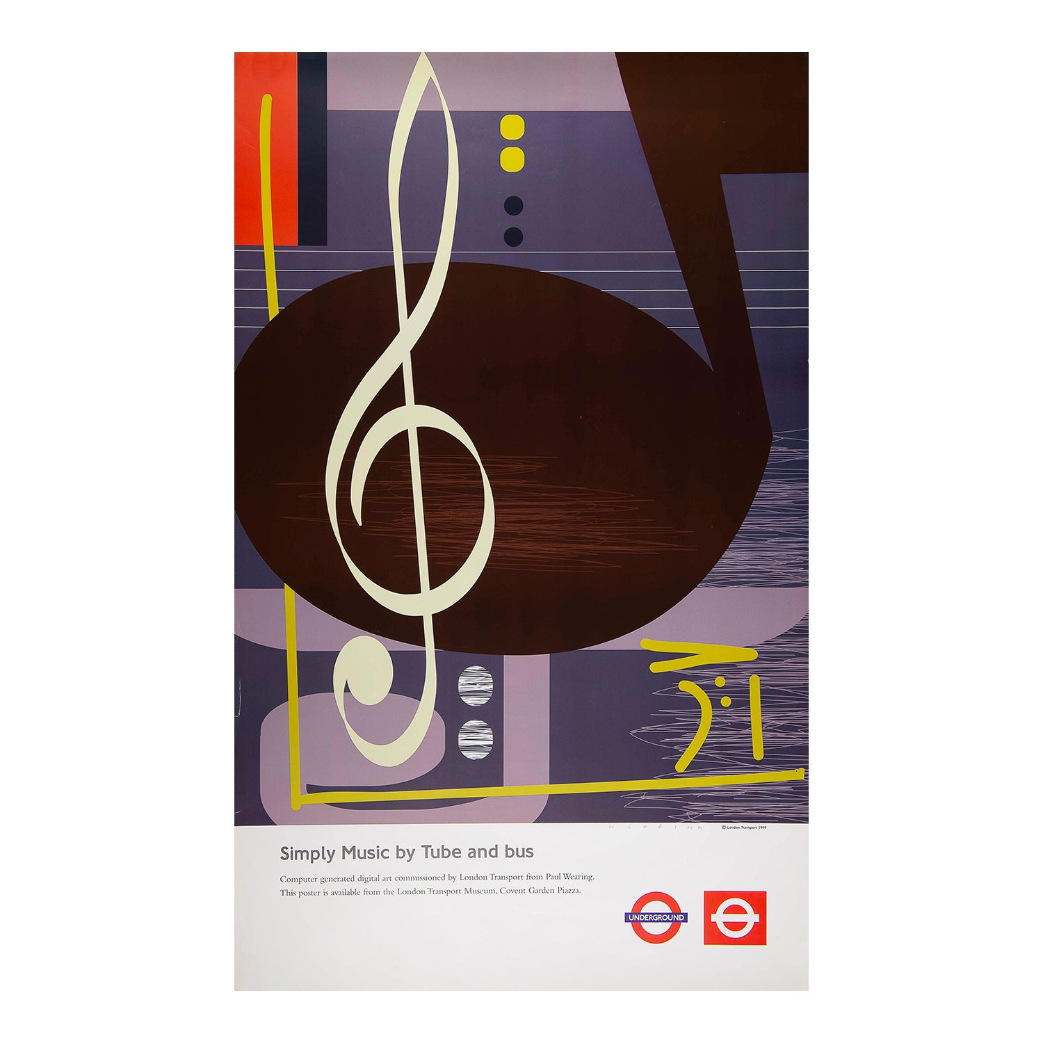Original travel poster, Simply Music, designed by Paul Wearing and published by London Transport in 1999. Hand signed in pencil by the artist.