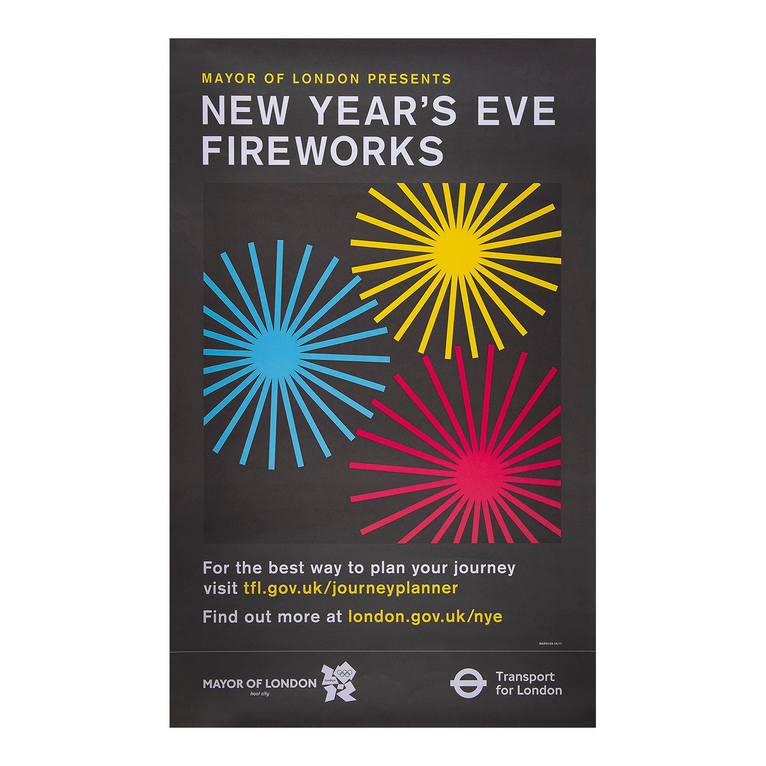 Original travel poster, New Year’s Eve Fireworks, published by Transport for London in 2011. The design features abstract fireworks patterns in blue, yellow and red, above the official London 2012 Olympics logo