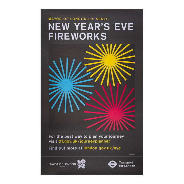 Original travel poster, New Year’s Eve Fireworks, published by Transport for London in 2011. The design features abstract fireworks patterns in blue, yellow and red, above the official London 2012 Olympics logo