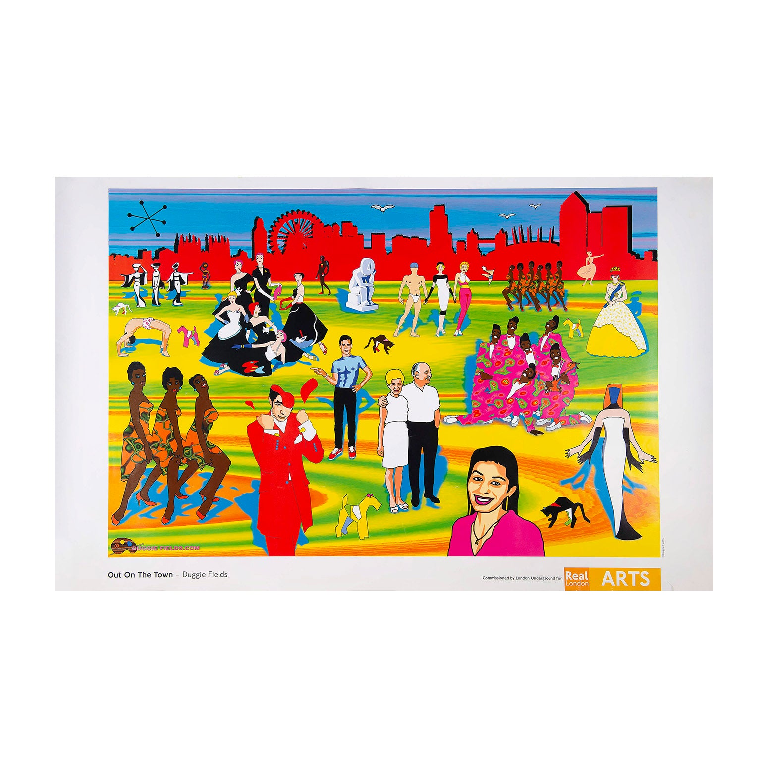 London Underground poster, Out on the Town, designed by Duggie Fields and published by Real London Arts/London Underground in 2002. An unusual landscape format London Underground poster, featuring Pop Art inspired depictions of Londoners (including the artist himself) against an abstract representations of the London sky-line