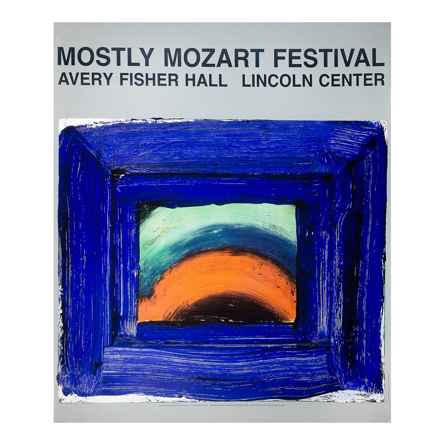 poster for the Mostly Mozart Festival at the Avery Fisher Hall, Lincoln Center for the Performing Arts, New York, 1989. Created by the British painter and printmaker Howard Hodgkin and printed in a limited edition of 1500 by the fine art printers G&B Arts.

The design features Venetian Glass 1984-86 which was also printed as a limited-edition screen print (without text) by G&B Arts at the same time