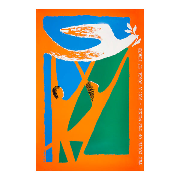 An original promotional poster, The Youth of the World – For a World of Peace, designed by the noted graphic designer FHK Henrion for the International University Sports Federation World University Games (formerly the Universiade), 1987.