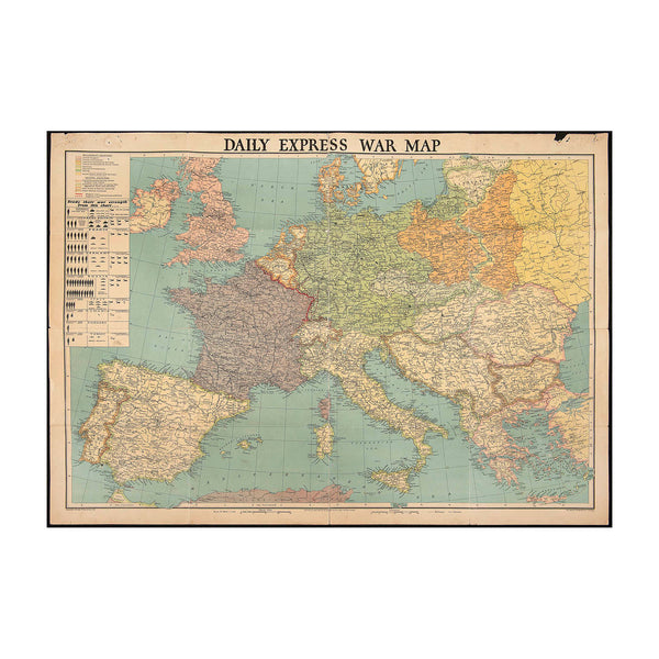 Original folding Second World War map, issued by the Daily Express depicting the theatre of war in Europe , c. 1939/40. The map shows the 'Belligerent' and 'Neutral' countries, where Soviet Russia is indicated as 'allied with Germany'. Italy is not shown as one of the combatant nations at this time. The map also includes the military and naval strength of the principal countries, and depicts the strategic Maginot and Siegfried defensive lines