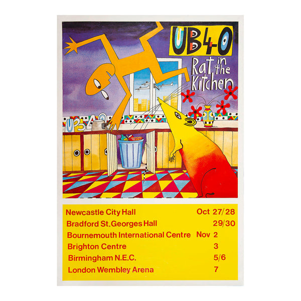 Original, and rare, tour poster to promote Rat in the Kitchen, the seventh album by UB40, released in July 1986. The design features the album artwork with tour dates below.