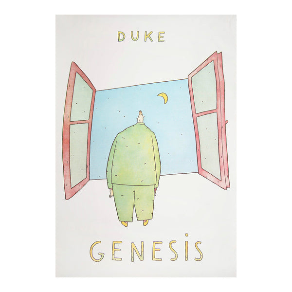 An original promotional poster for Duke, the tenth studio album by the English rock band Genesis, released on 28 March 1980 by Charisma Records. The cover artwork was drawn by the French illustrator Lionel Koechlin and taken from his book L'Alphabet d'Albert, published in 1979.
