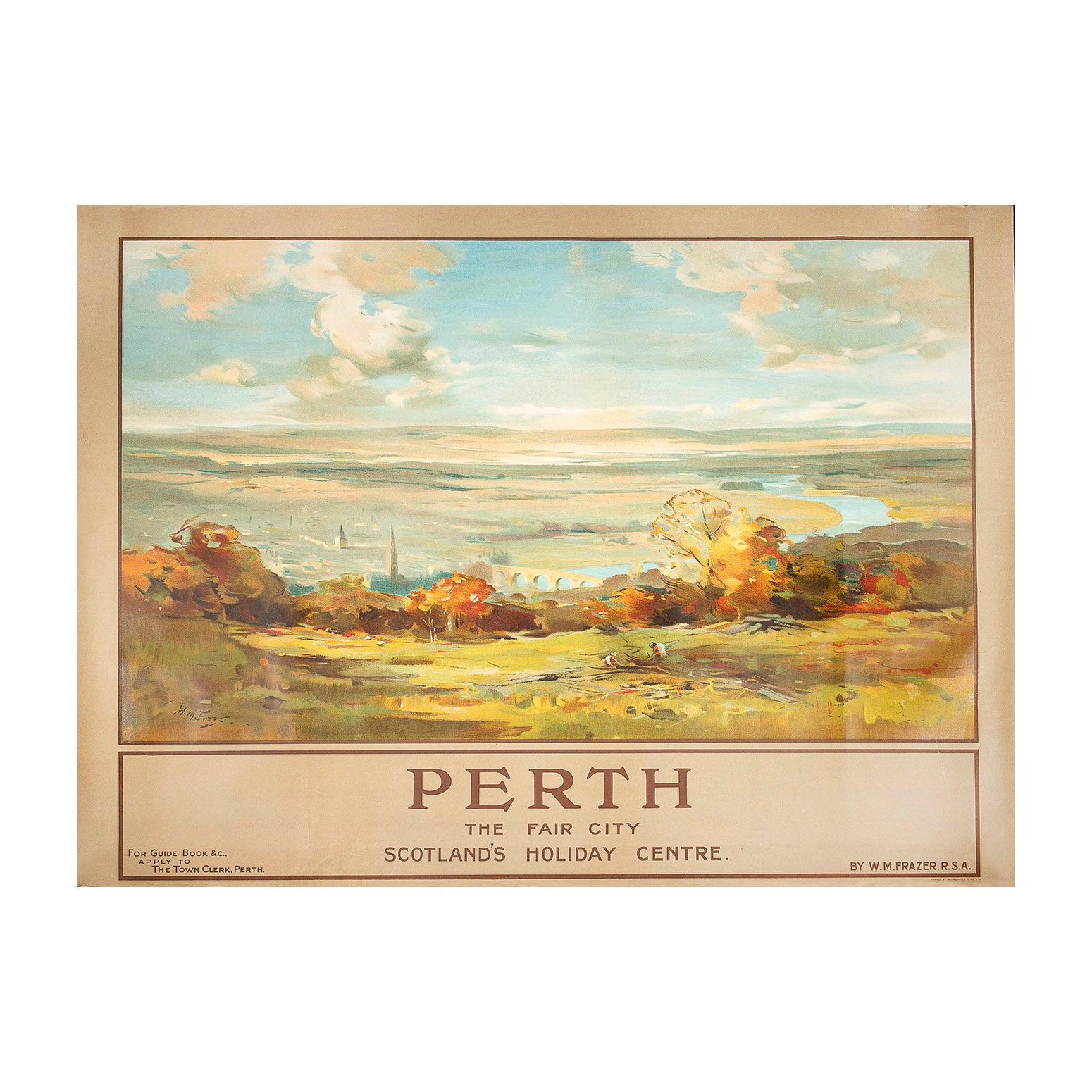 Original promotional travel poster, Perth, The Fair City. Scotland's Holiday Centre, designed by William Miller Frazer, c. 1925. A magnificent, railway station format poster, depicting a view from the hills overlooking Perth with the river Tay prominent in the foreground
