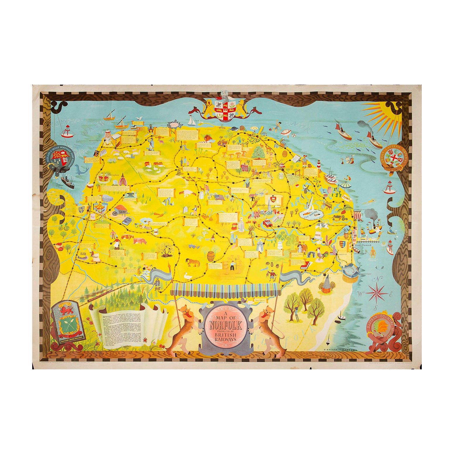 poster map of Norfolk, published by British Railways (Eastern Region) and designed by Gordon Burrows in about 1951. The design features a wealth of charming vignettes to encourage the holidaymaker to visit the county’s many attractions. Unusually, the poster also includes the crests of the historic railway companies that first served the region, including the Eastern Counties and Eastern Union railways, together with the later Great Eastern, Midland Great Northern, and London & North Eastern companies