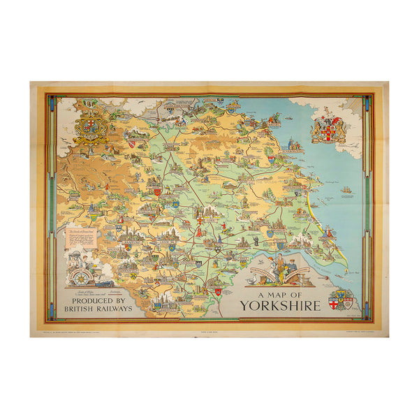 Original promotional travel poster, A Map of Yorkshire, designed by Estra Clark and published by British Railways in 1949.
