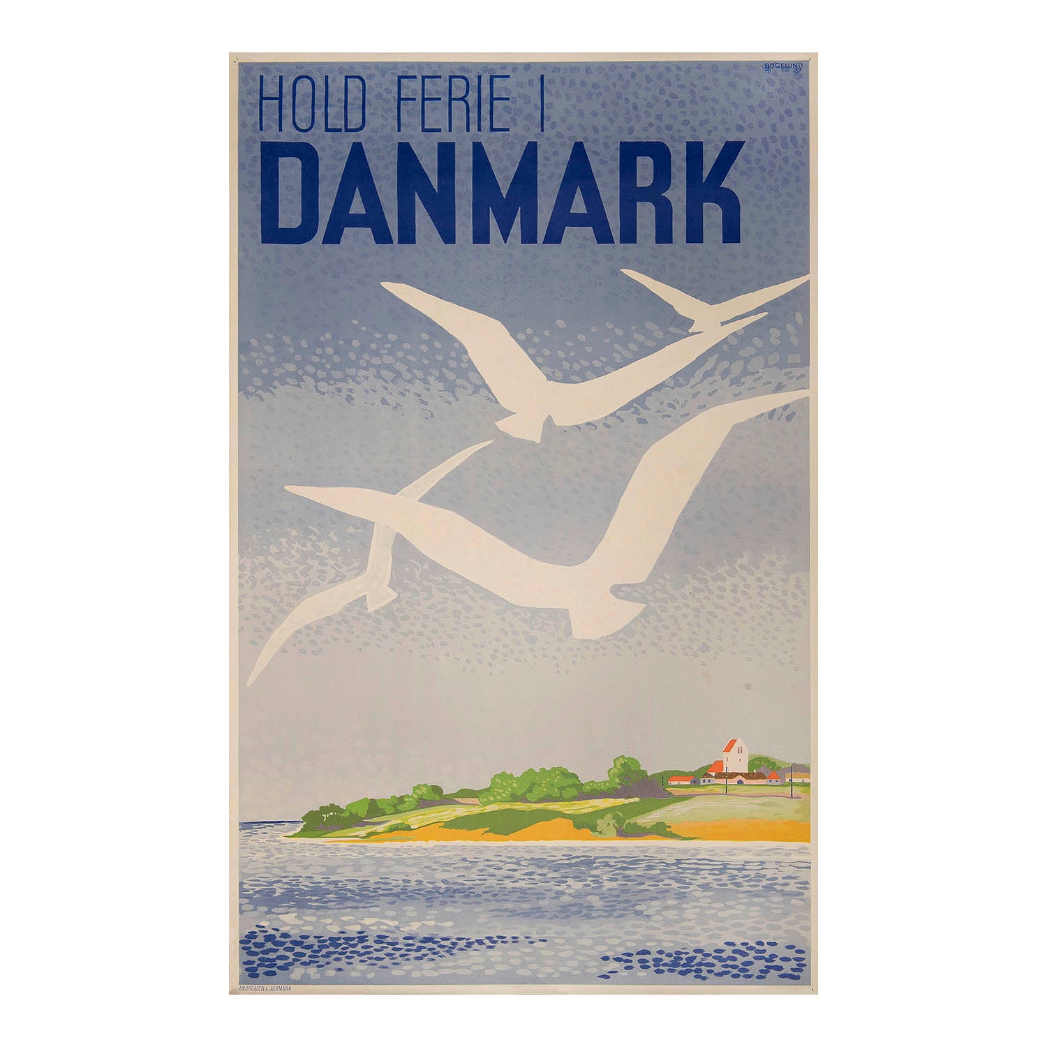 Danish tourism poster, Hold Ferie i Danmark (Take Your Vacation in Denmark) designed by Thor Bogelund (1890-1959) and printed in 1937. The design depicts a coastal scene with seagulls against a blue sky.