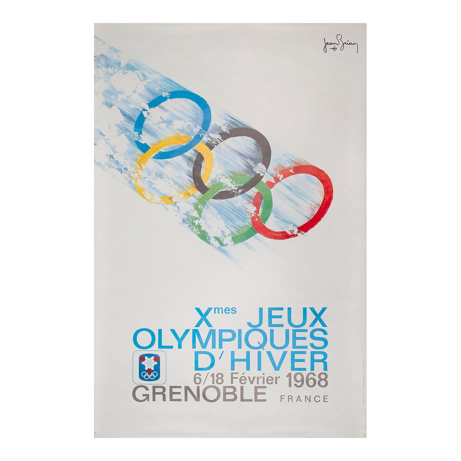 Original poster for the 1968 Winter Olympic Games (Jeux Olympiques D’Hiver), held in Grenoble France from 6-18 February 1968. An especially effective design by Jean Brian (1910-1990) depicting the multicoloured Olympic rings speeding through the snow like an Olympic skier, with text and logo below