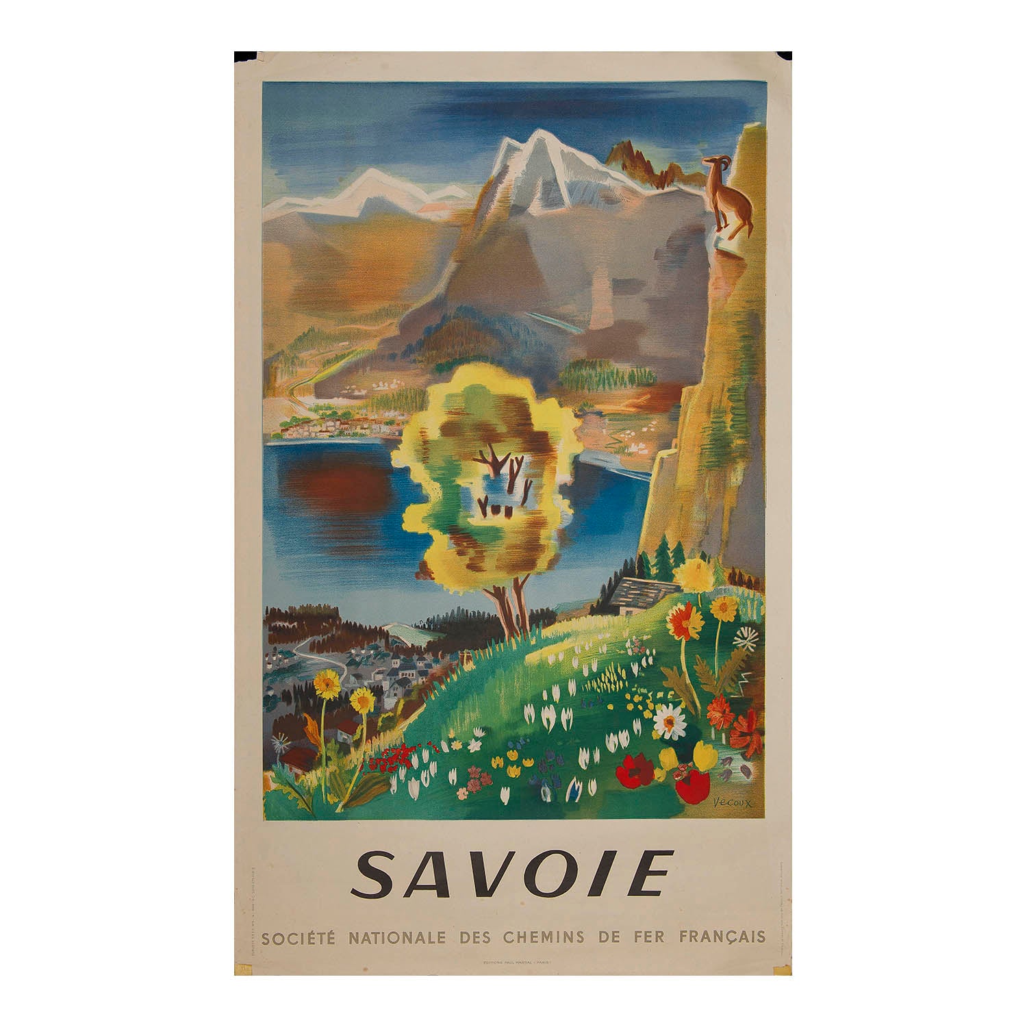French Railways poster promoting the alpine region of Savoy (Savoie), painted by Vecoux and published in 1946. The poster depicts Savoy in the summertime, with a lush hillside of flowers in the foreground against a backdrop of snow-capped mountains