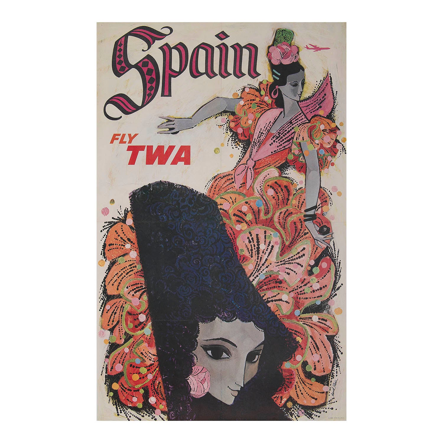 Trans World Airlines (TWA) poster promoting flights to Spain, c. 1960. The design features two Spanish female dancers. The main figure is wearing a "traje de flamenca" and playing "castañuelas"