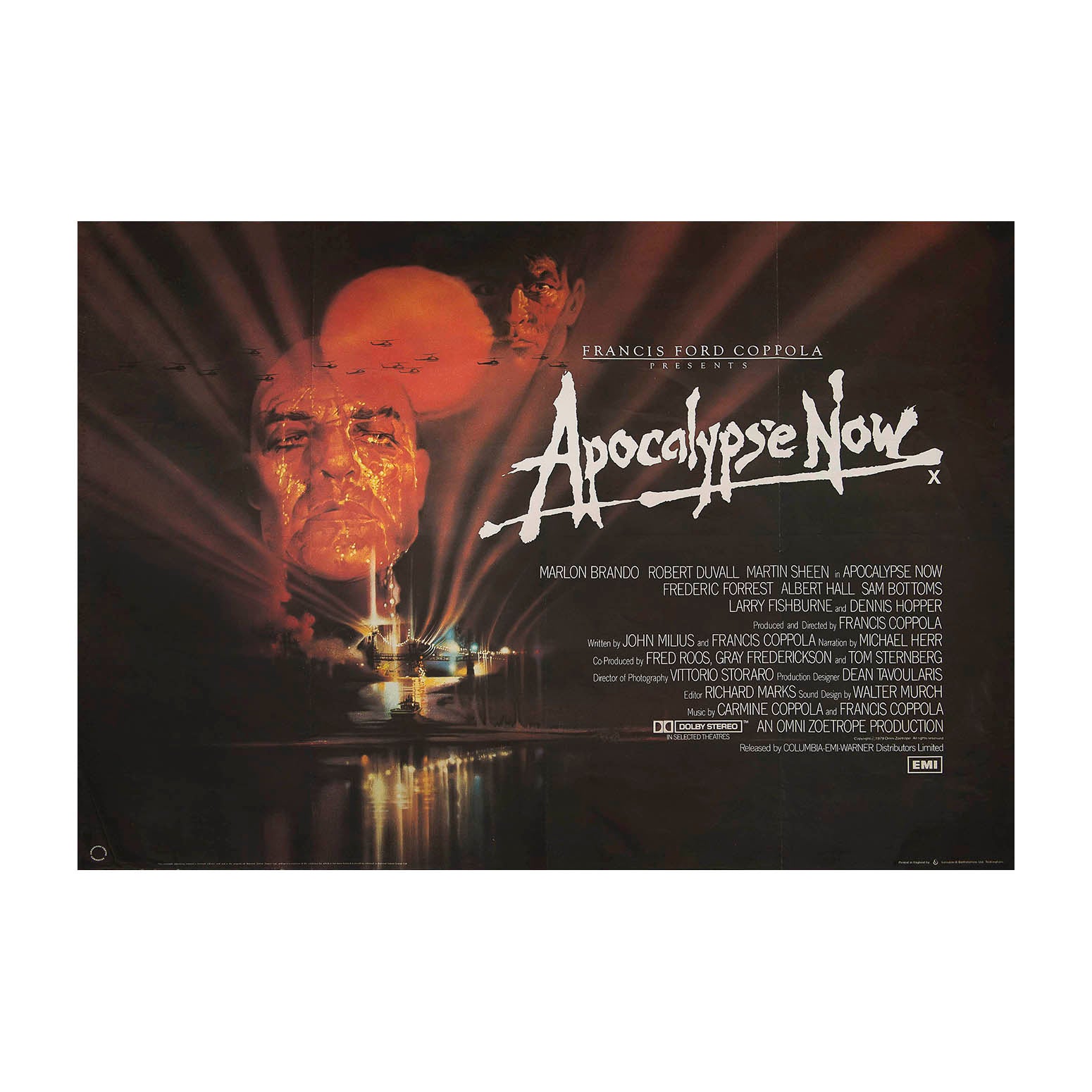 Original theatrical release film poster, Apocalypse Now, 1979. British Quad size. Artwork by Bob Peak depicting the now iconic image of Marlon Brando’s Colonel Kurtz and Martin Sheen’s Captain Willard, with American attack helicopters silhouetted against a blood red sun