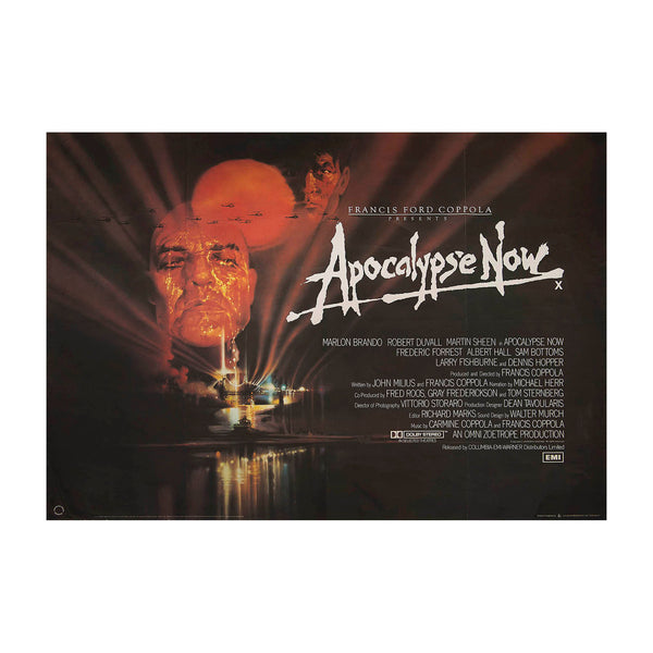 Original theatrical release film poster, Apocalypse Now, 1979. British Quad size. Artwork by Bob Peak depicting the now iconic image of Marlon Brando’s Colonel Kurtz and Martin Sheen’s Captain Willard, with American attack helicopters silhouetted against a blood red sun