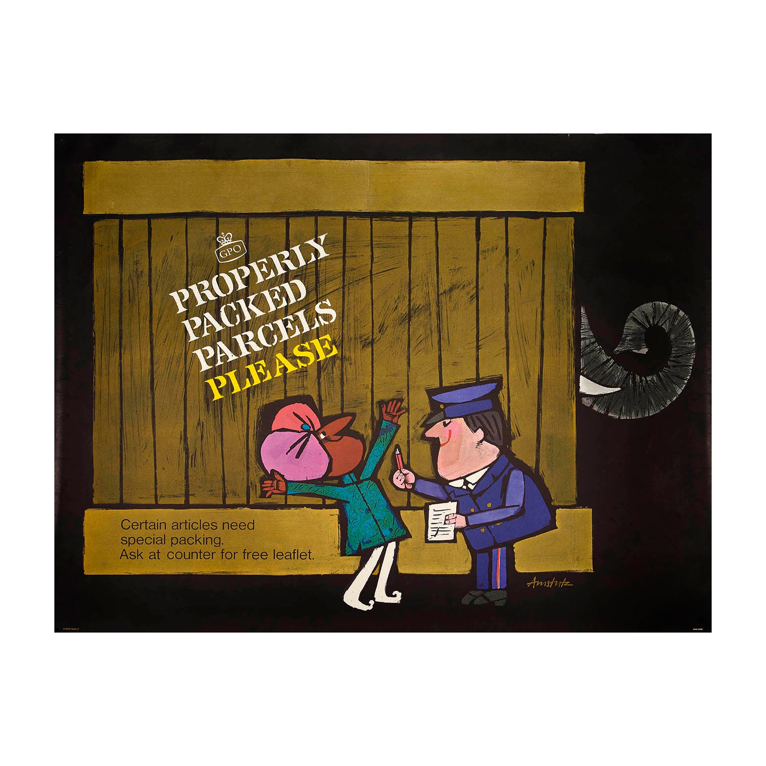 An original, and rare, public information poster, Properly Packed Parcels Please, designed by André Amstutz and published by the General Post Office, c. 1967