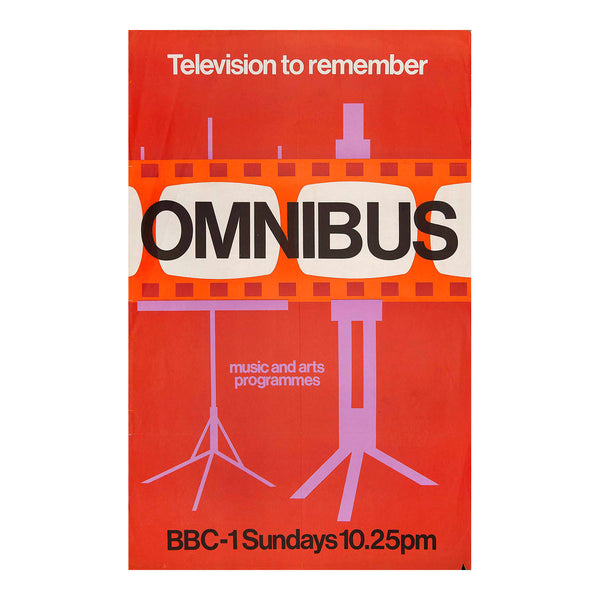promotional poster for the launch of the long-running BBC arts programme Omnibus, which first aired on the BBC in 1967. A splendid poster, cleverly combing an easel and a music stand to convey the range of topics covered by the new programme.