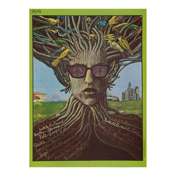 Bob Dylan poster, issued as an insert in the September 1968 edition of the American Eye magazine. Designed by Michael Foreman, the poster depicts Dylan as a tree, where the roots represent Dylan’s musical influences and the branches are filled with birds named after the bands he’s influenced in turn.