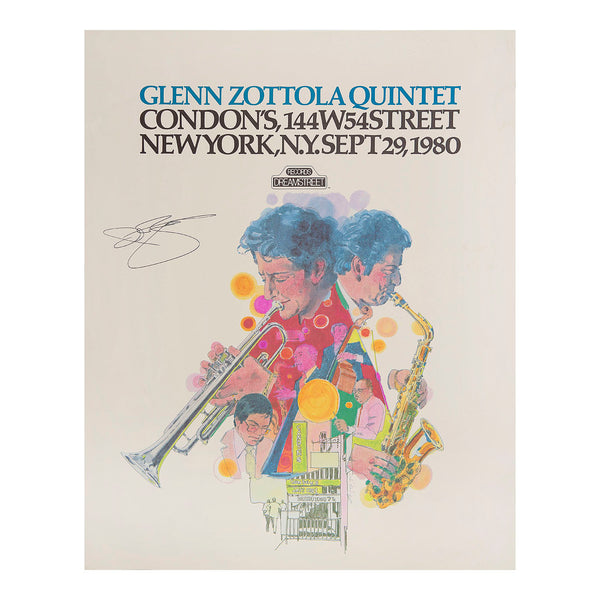 Original promotional music poster, Glenn Zottola Quintet, Condon’s, New York, published by Dreamstreet Records, 1981. The poster artwork depicts the Glenn Zottola jazz quintet (Glenn Zottola, Al Klink, Harold Danko, Linc Milliman and Al Harewood)