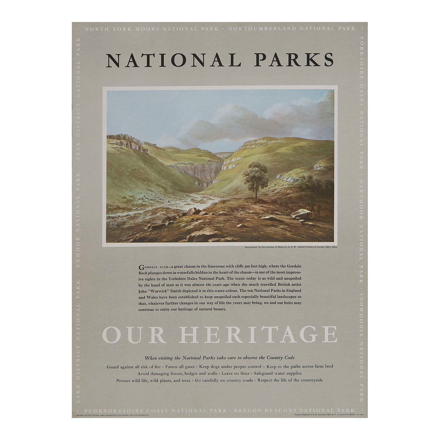 Original travel advertising poster, National Parks Our Heritage - Gordale Scar, published on behalf of the National Parks Commission, c. 1965. 
This example features a painting by the British artist John Warwick Smith of Gordale Scar in the Yorkshire Dales National Park.