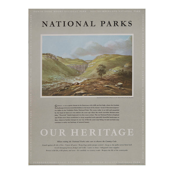 Original travel advertising poster, National Parks Our Heritage - Gordale Scar, published on behalf of the National Parks Commission, c. 1965. 
This example features a painting by the British artist John Warwick Smith of Gordale Scar in the Yorkshire Dales National Park.
