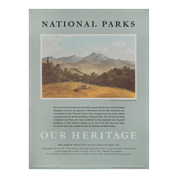 Original travel advertising poster, National Parks Our Heritage – Brecon Beacons, published on behalf of the National Parks Commission, c. 1965. 
This example features a painting by the British artist John Warwick Smith of the Brecon Beacons National Park, South Wales.